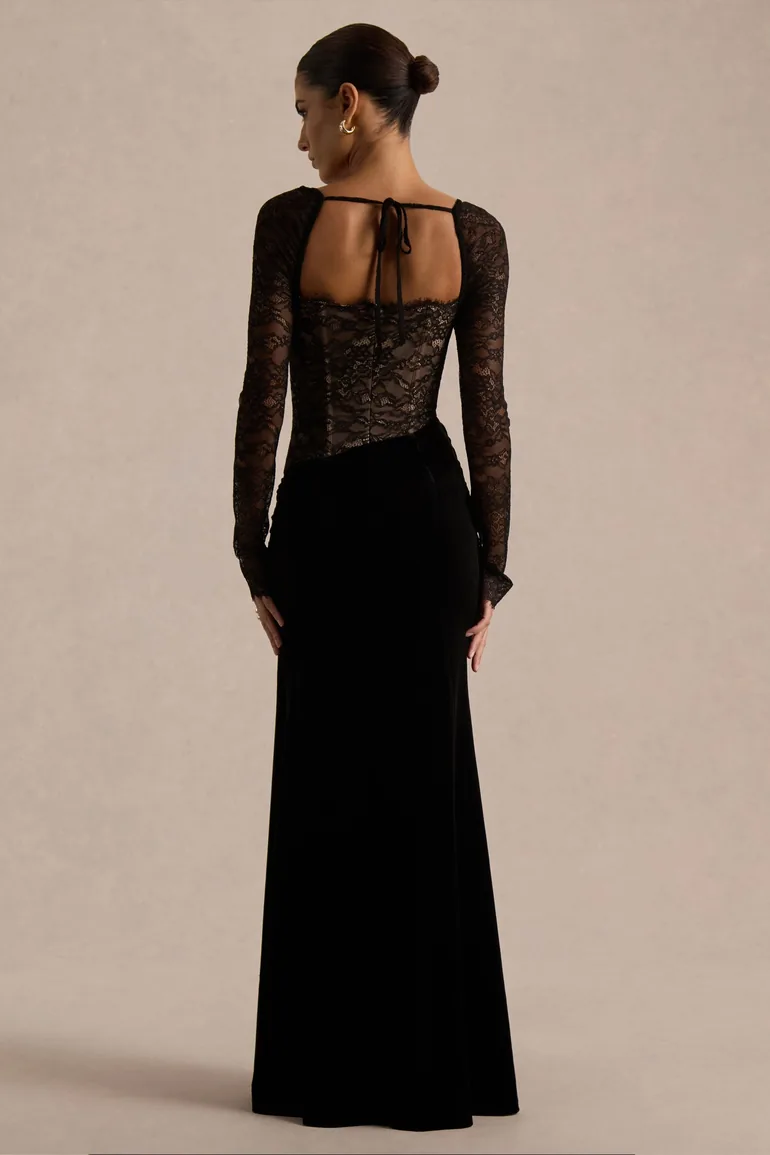 maxi dress corset Miss Circle Talia Black Satin Lace Corset Maxi Dress S