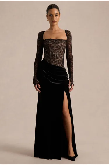 فستان كلوب ال لندن أسود ماكسي على شكل حرف A بأكمام طويلة