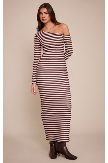 Chocolate Striped Brushed Rib Striped Asymmetric Long Sleeve Maxi Dress