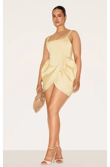 Shape Vanilla Satin Square Neck Corseted Tulip Mini Dress