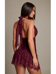 Plum Bandage Bodice Lace Cup Frill Hem Bodycon Dress - 2
