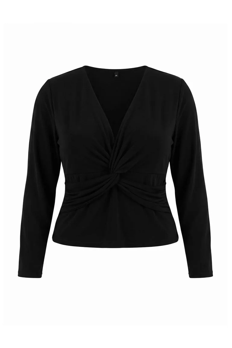 Black Deep V-Neck Gathered Sandy Knitted Plus Size Blouse