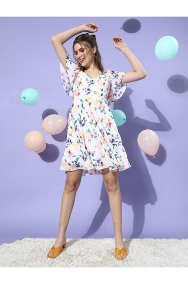 Women White Floral Print A-Line Midi Dress