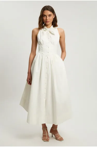 Petite Cotton Poplin Tie Neck Midi Dress