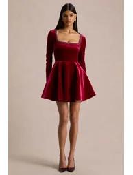Beloved | Burgundy Velvet Embellished Square-Neck Mini Dress