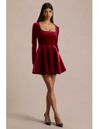 Beloved | Burgundy Velvet Embellished Square-Neck Mini Dress - 4