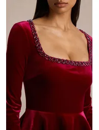 Beloved | Burgundy Velvet Embellished Square-Neck Mini Dress - 2