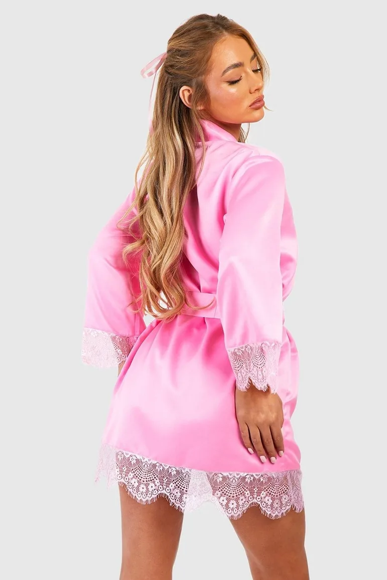 Valentine's Satin Lace Trim Robe - pink - 2