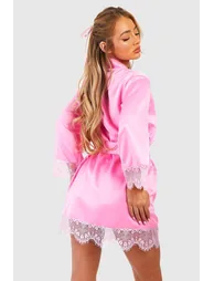 Valentine's Satin Lace Trim Robe - pink - 2