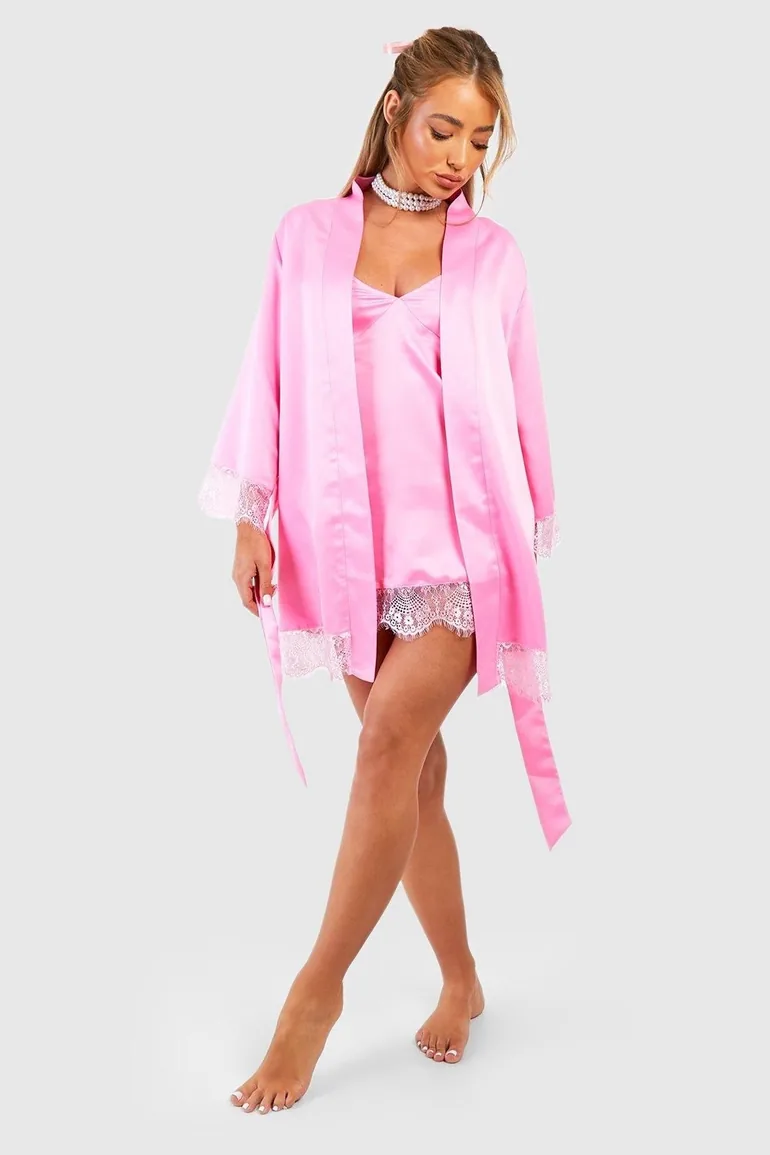 Valentine's Satin Lace Trim Robe - pink