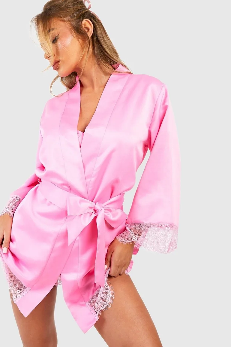 Valentine's Satin Lace Trim Robe - pink - 3