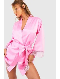 Valentine's Satin Lace Trim Robe - pink - 3