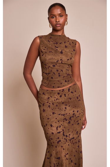 Khaki Abstract Print Chiffon High Neck Cowl Top