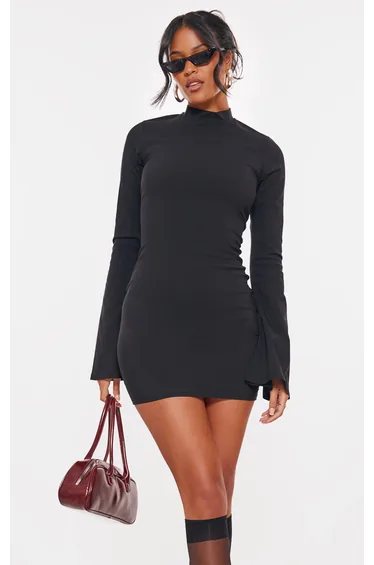 Tall Black Stretch Woven High Neck Flared Cuff Mini Dress