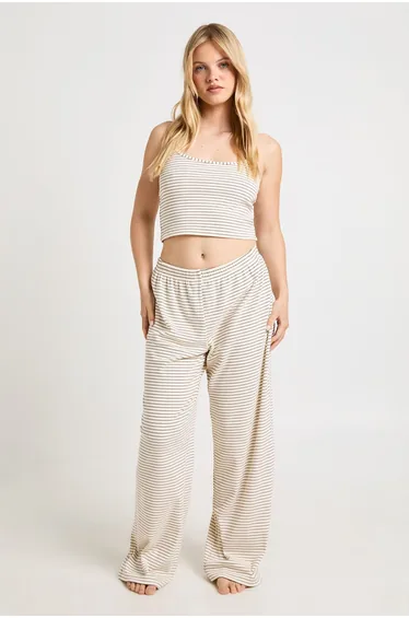 Petite Soft Rib Stripe Cami & Trouser Pyjama Set - cream