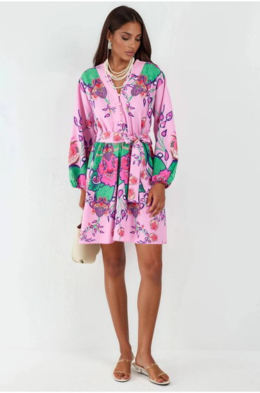 MSN Floral V-Neck A-Line Mini Dress with Belt