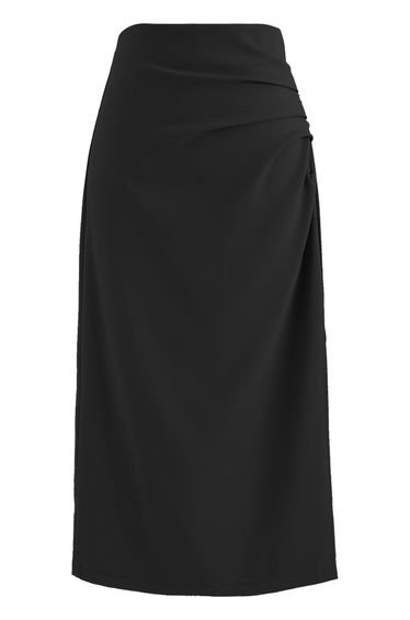 Side Ruched Slit Hem Pencil Skirt in Black