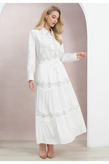 Floral Cutwork Lace Panel Buttoned Shirt and Maxi Skirt Set in White for Formal Dinners & Weekend Getaways