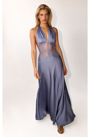 Blue Grey Satin Contrast Lace Panel Maxi Dress