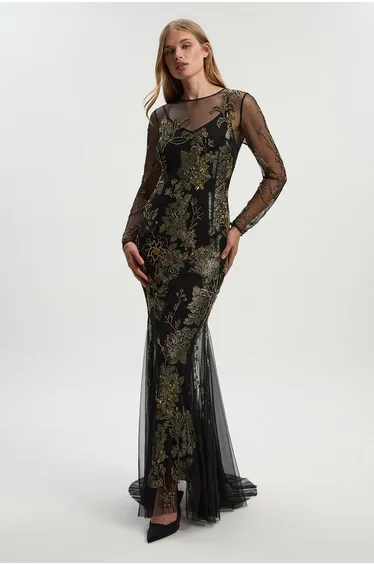 Petite Floral Applique Embellished Metallic Georgette Woven Maxi Dress