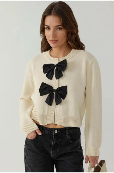 Thick Knit Crew Neck Cardigan with Bow Detail