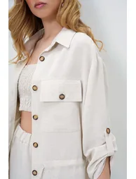 Women's Ecru Shirt Collar Double Pocket Tie Linen Safari Jacket and Trousers Set - 4