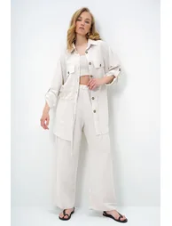 Women's Ecru Shirt Collar Double Pocket Tie Linen Safari Jacket and Trousers Set - 1