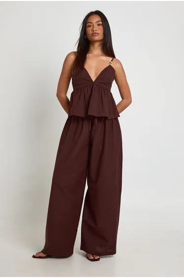Linen Look Beaded Cami & Wide Leg Trouser Co-ord - chocolate