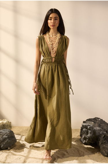 Khaki Maxi Woven 100% Linen Shirring Detailed Beach Dress