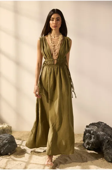 فستان بحر ماكسي كتان مزموم - أخضر