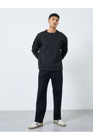 Men Black Cable Knit Relaxed Fit Sweater