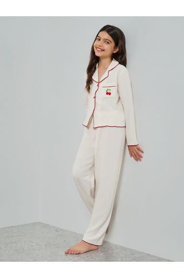 Teen Girls Textured Long Sleeve Shirt and Pyjama Set
