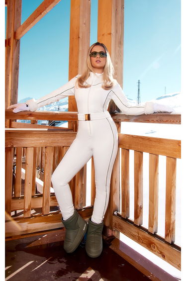 PRETTYLITTLETHING SKI White Piping Detail Belted Fitted Scuba Suit