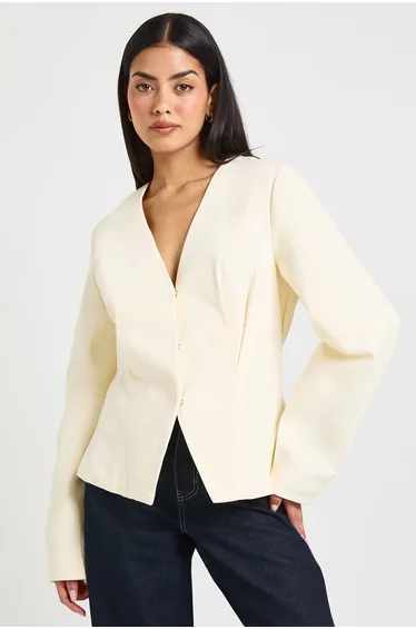 Twill Balloon Sleeve Cinched Blazer - ecru