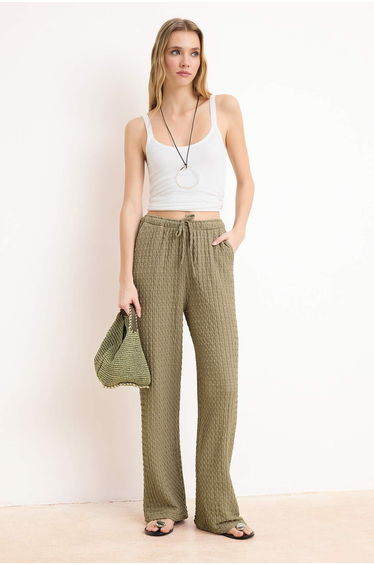 Khaki Wide Leg Elastic Textured Knitted Trousers