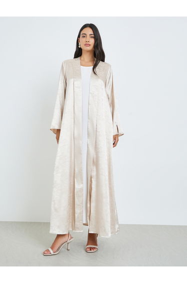 Beige Front Open Jacquard Abaya