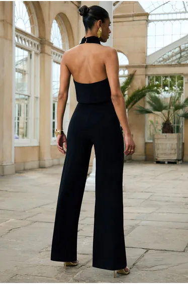 Asha | Black High-Neck Jumpsuit With Ruched Detail