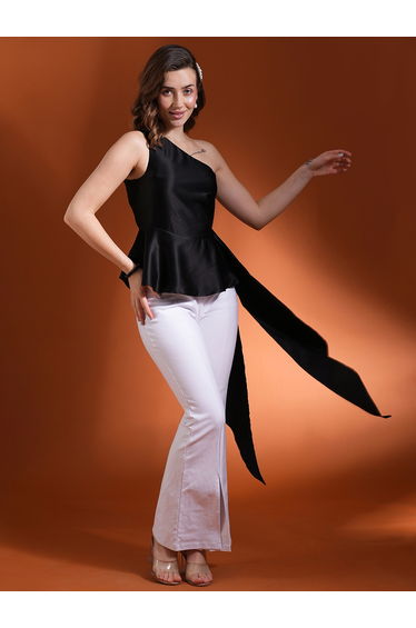 Women Black Solid One Shoulder Satin Peplum Top with Gathered Overlay