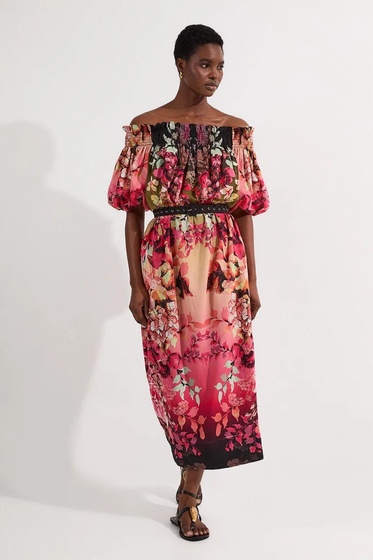 vibrant floral midi dress bardot Floral Bardot Midi Dress Burgundy