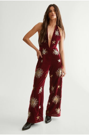 Star Embellished Velvet Halter Jumpsuit