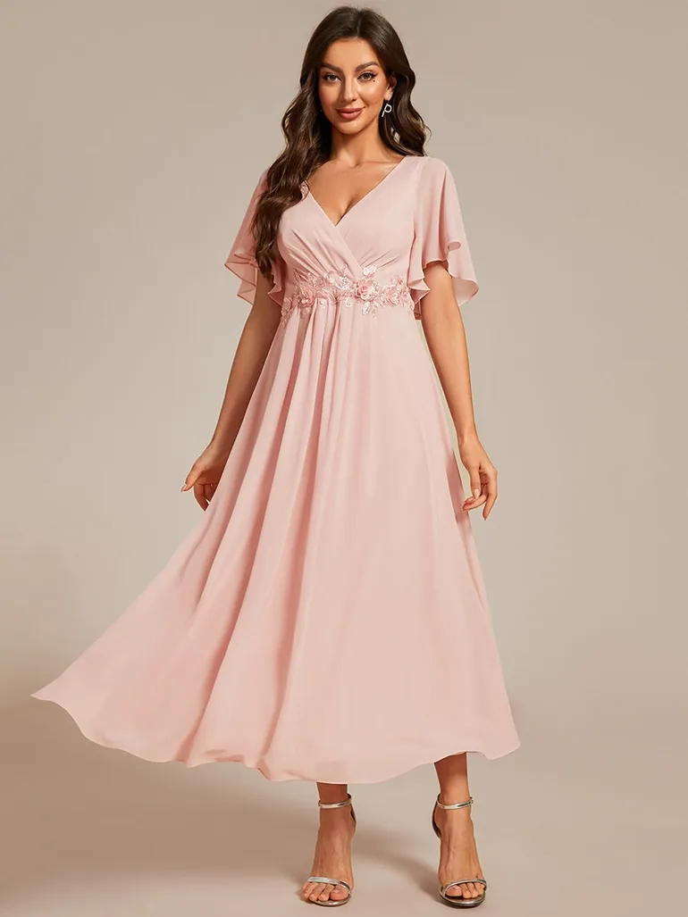 ever DAHLIA|Short Sleeves V-Neck Tea Length Wedding Guest Dress with Floral Applique - 4