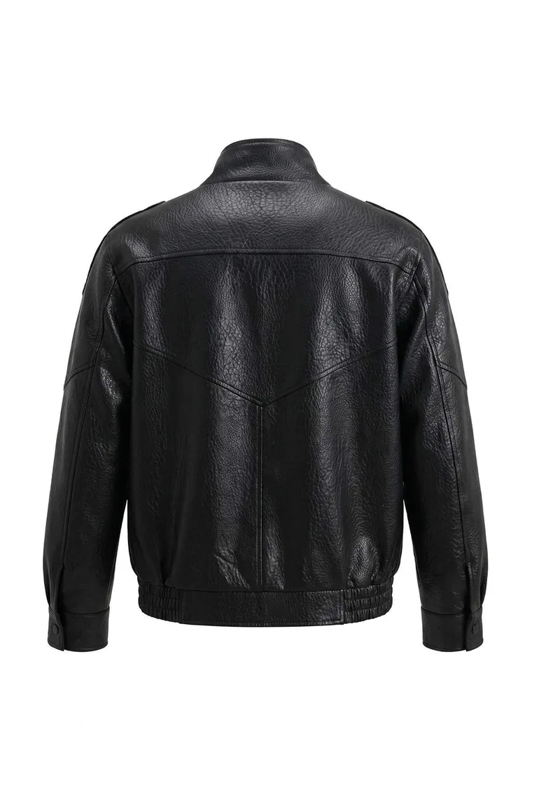 Black Oversize Fit Stand Collar Faux Leather Bomber Jacket Coat - 7