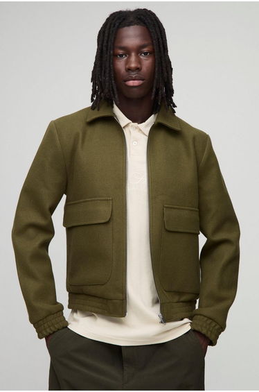 Regular Fit Melton Zip Through Harrington Jacket - khaki