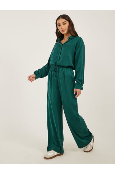 Women Green Textured Satin Shirt and Wide Leg Trousers Co-Ords
