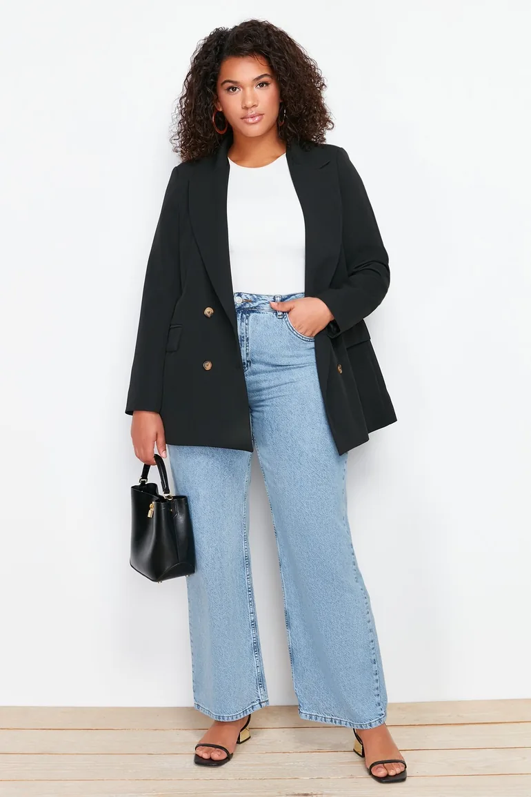 Black Oversize Lined Double Breasted Closure Woven Blazer Jacket