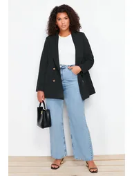 Black Oversize Lined Double Breasted Closure Woven Blazer Jacket