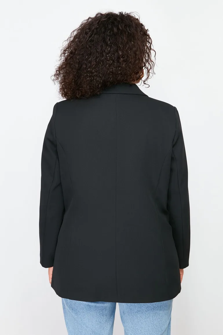 Black Oversize Lined Double Breasted Closure Woven Blazer Jacket - 4