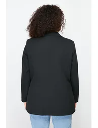 Black Oversize Lined Double Breasted Closure Woven Blazer Jacket - 4