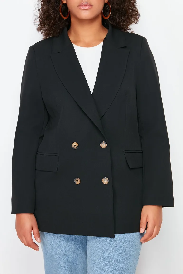 Black Oversize Lined Double Breasted Closure Woven Blazer Jacket - 3