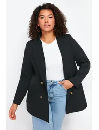 Black Oversize Lined Double Breasted Closure Woven Blazer Jacket - 1